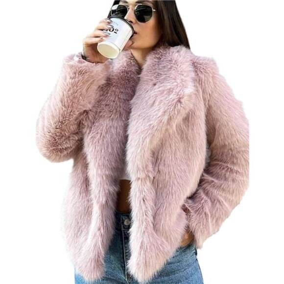 Womens Faux Fur Coat Cropped Fluffy Pink - Picture 1 of 6